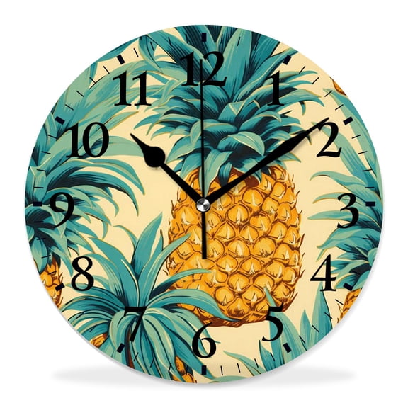 14 Inch Wall Clock Battery Operated Silent Clock Decorative for Office, Kitchen, Outdoor, Living Room，Tropical Leaves Fruits Pineapple Image
