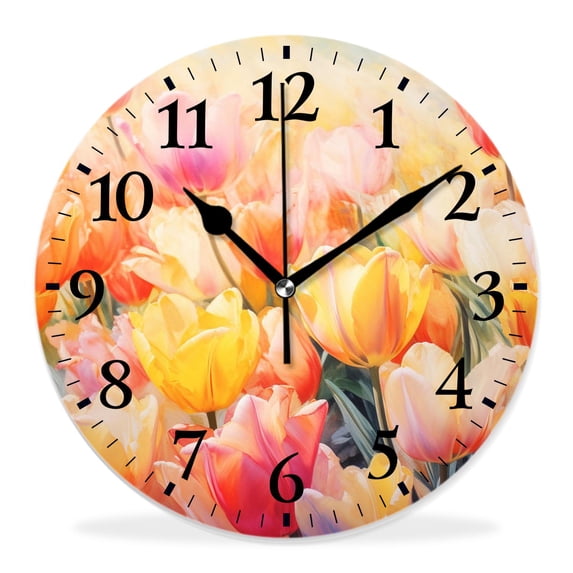 14 Inch Wall Clock Battery Operated Silent Clock Decorative for Office, Kitchen, Outdoor, Living Room,Tulips Field Pattern