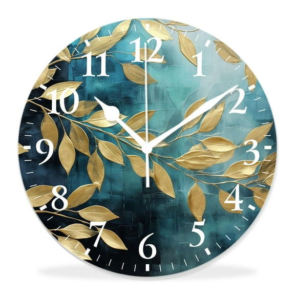 14 Inch Wall Clock Battery Operated Silent Clock Decorative for Office, Kitchen, Outdoor, Living RoomTurquoise Ginkgo Leaf Beautiful Drawing