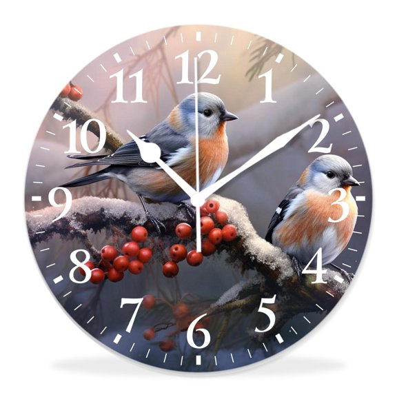 14 Inch Wall Clock Battery Operated Silent Clock Decorative for Office, Kitchen, Outdoor, Living RoomTwo Birds Bright Blue Berries Snow Creative