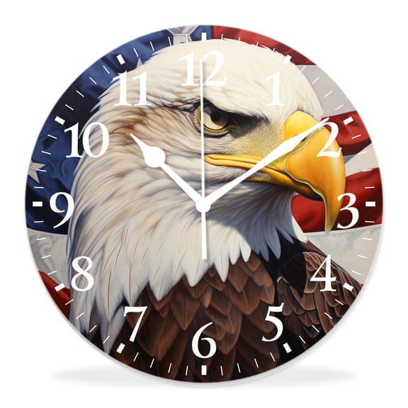 14 Inch Wall Clock Battery Operated Silent Clock Decorative for Office, Kitchen, Outdoor, Living RoomUsa Flag American Bald Eagle Multicolor