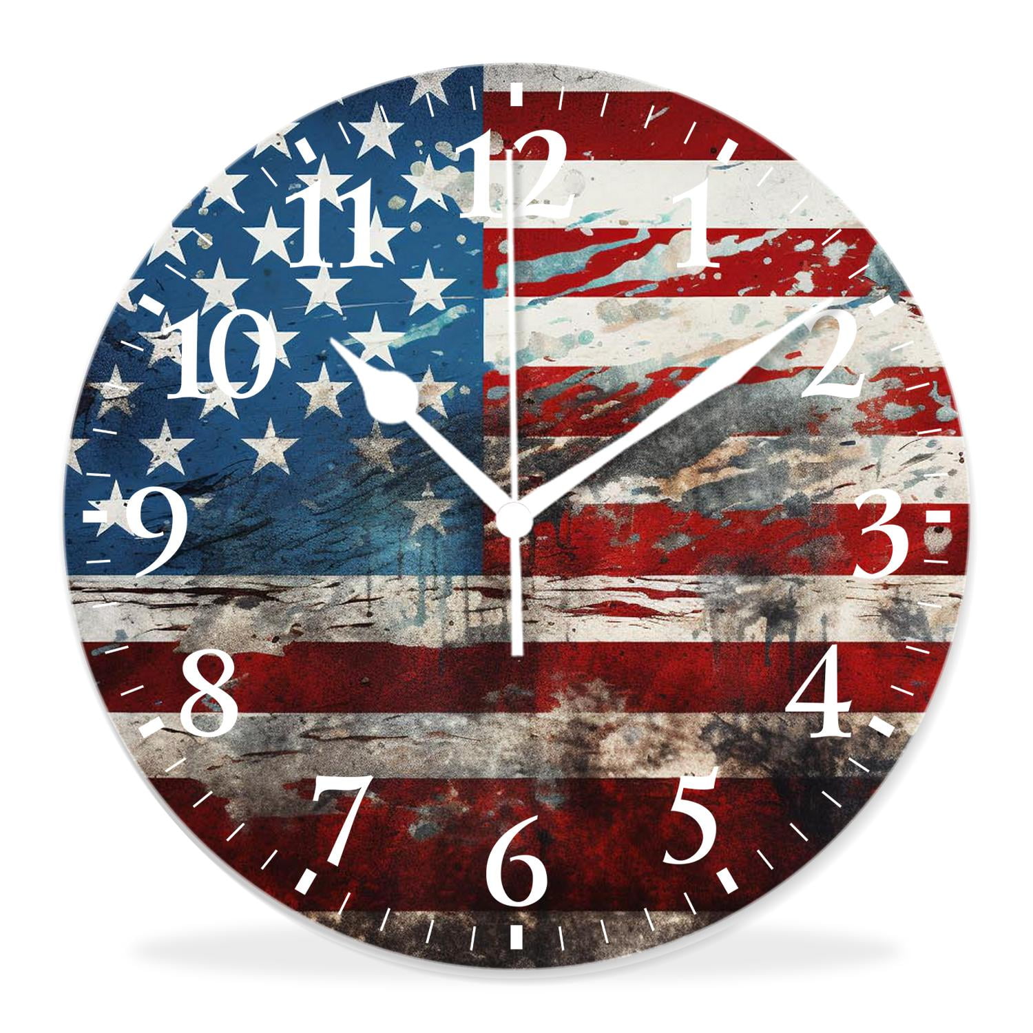 14 Inch Wall Clock Battery Operated Silent Clock Decorative for Office, Kitchen, Outdoor, Living Room，Vintage American Flag Multicolor