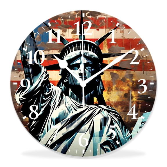 14 Inch Wall Clock Battery Operated Silent Clock Decorative for Office, Kitchen, Outdoor, Living RoomVintage American Flag Statue of Liberty Picture