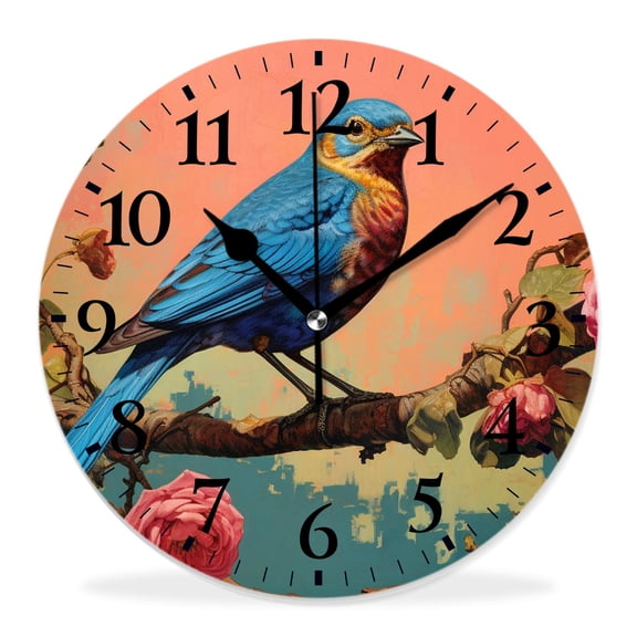 14 Inch Wall Clock Battery Operated Silent Clock Decorative for Office, Kitchen, Outdoor, Living RoomVintage Bird Branch Red Rose Painting