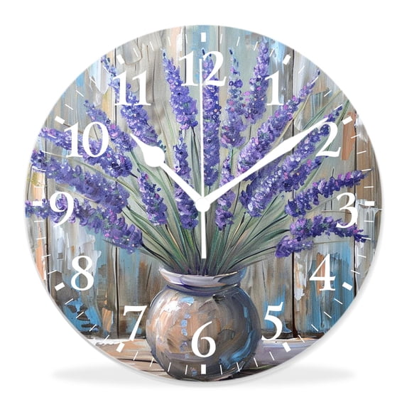 14 Inch Wall Clock Battery Operated Silent Clock Decorative for Office, Kitchen, Outdoor, Living Room,Vintage Lavender Flowers Wooden Wood Natural