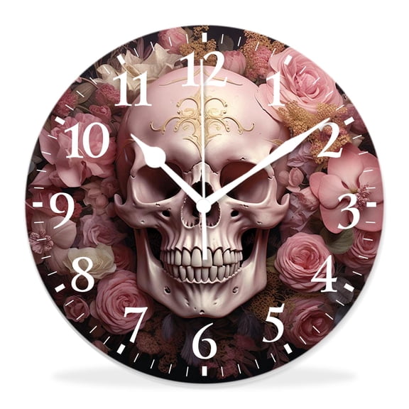 14 Inch Wall Clock Battery Operated Silent Clock Decorative for Office, Kitchen, Outdoor, Living Room，Vintage Skull with Floral Black Painting