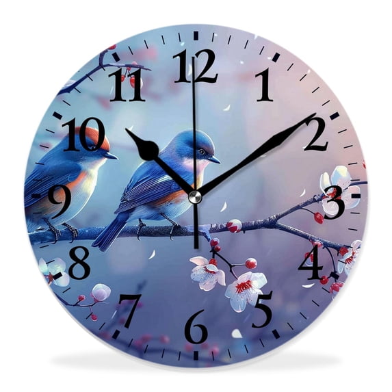 14 Inch Wall Clock Battery Operated Silent Clock Decorative for Office, Kitchen, Outdoor, Living Room，Watercolor Blue Bird with Red Berries Cute