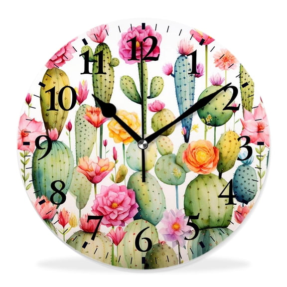 14 Inch Wall Clock Battery Operated Silent Clock Decorative for Office, Kitchen, Outdoor, Living Room，Watercolor Cactus Cacti Image