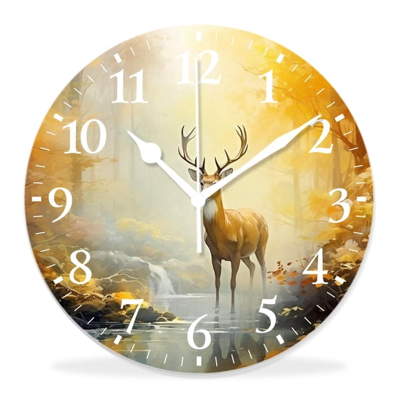 14 Inch Wall Clock Battery Operated Silent Clock Decorative for Office, Kitchen, Outdoor, Living RoomWatercolor Painting Deer Image