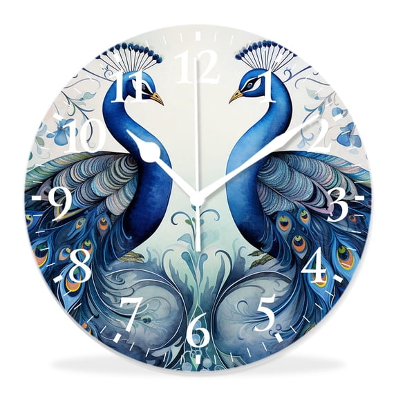 14 Inch Wall Clock Battery Operated Silent Clock Decorative for Office, Kitchen, Outdoor, Living Room，Watercolor Peacock Pattern on White Multicolor