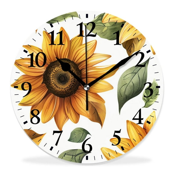 14 Inch Wall Clock Battery Operated Silent Clock Decorative for Office, Kitchen, Outdoor, Living RoomWatercolor Sunflower Seamless Pretty
