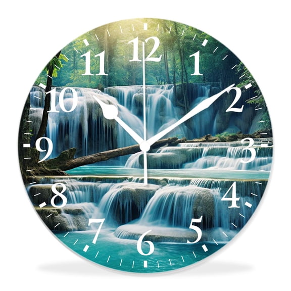 14 Inch Wall Clock Battery Operated Silent Clock Decorative for Office, Kitchen, Outdoor, Living RoomWaterfall Waterfall in Corner of Lake Painting