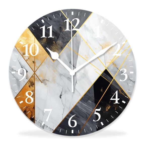 14 Inch Wall Clock Battery Operated Silent Clock Decorative for Office, Kitchen, Outdoor, Living RoomWhite Marble with Gold Geometric Lines Image