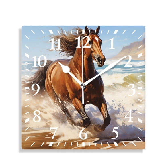 14 Inch Wall Clock Battery Operated Silent Clock Decorative for Office, Kitchen, Outdoor, Living Room,Wild Running Horse at Beach Picture