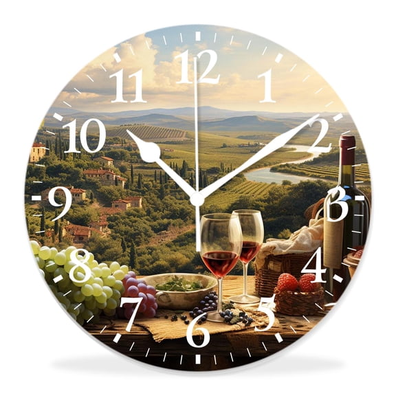 14 Inch Wall Clock Battery Operated Silent Clock Decorative for Office, Kitchen, Outdoor, Living RoomWine Italy Landscape Rural Vineyard Elegant
