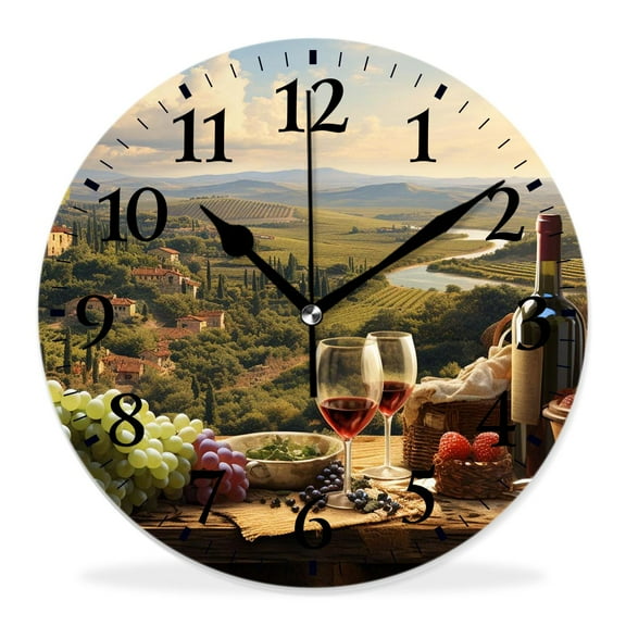 14 Inch Wall Clock Battery Operated Silent Clock Decorative for Office, Kitchen, Outdoor, Living RoomWine Italy Landscape Rural Vineyard Elegant
