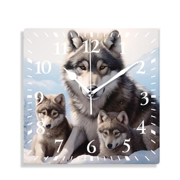 14 Inch Wall Clock Battery Operated Silent Clock Decorative for Office, Kitchen, Outdoor, Living Room,Winter Wolf Family 3D forest Animals Picture
