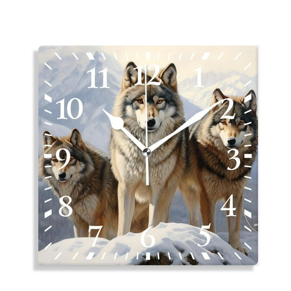 14 Inch Wall Clock Battery Operated Silent Clock Decorative for Office, Kitchen, Outdoor, Living RoomWinter Wolf Family 3D forest Animals Print