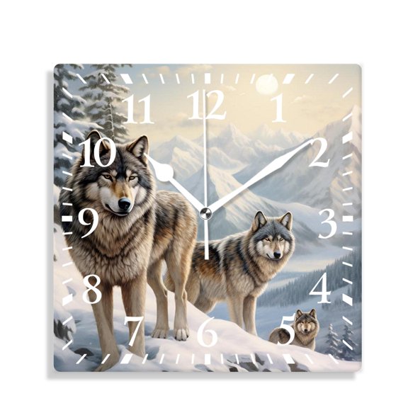 14 Inch Wall Clock Battery Operated Silent Clock Decorative for Office, Kitchen, Outdoor, Living Room，Winter Wolf Family 3D forest Animals Style
