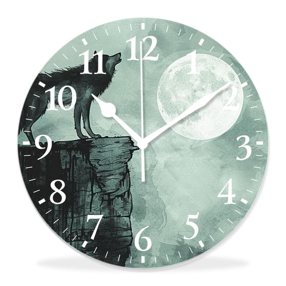 14 Inch Wall Clock Battery Operated Silent Clock Decorative for Office, Kitchen, Outdoor, Living Room，Wolf Full Moon Blue Night Galaxy Starry Lovely