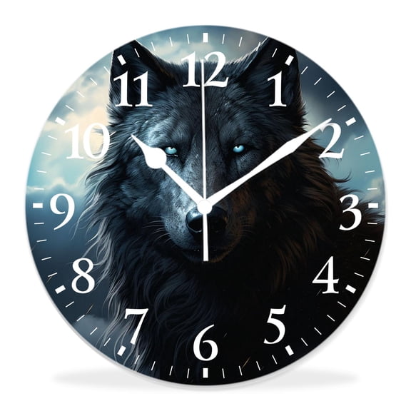 14 Inch Wall Clock Battery Operated Silent Clock Decorative for Office, Kitchen, Outdoor, Living RoomWolf Full Moon Blue Night Sky Cloud Drawing