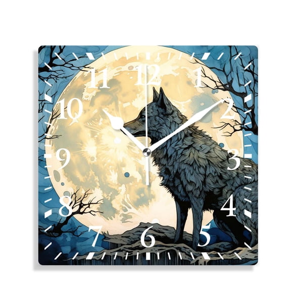 14 Inch Wall Clock Battery Operated Silent Clock Decorative for Office, Kitchen, Outdoor, Living Room，Wolf Tree Moon Starry Painting