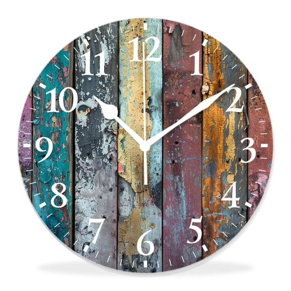 14 Inch Wall Clock Battery Operated Silent Clock Decorative for Office, Kitchen, Outdoor, Living RoomWooden Plank Retro Rainbow Stunning