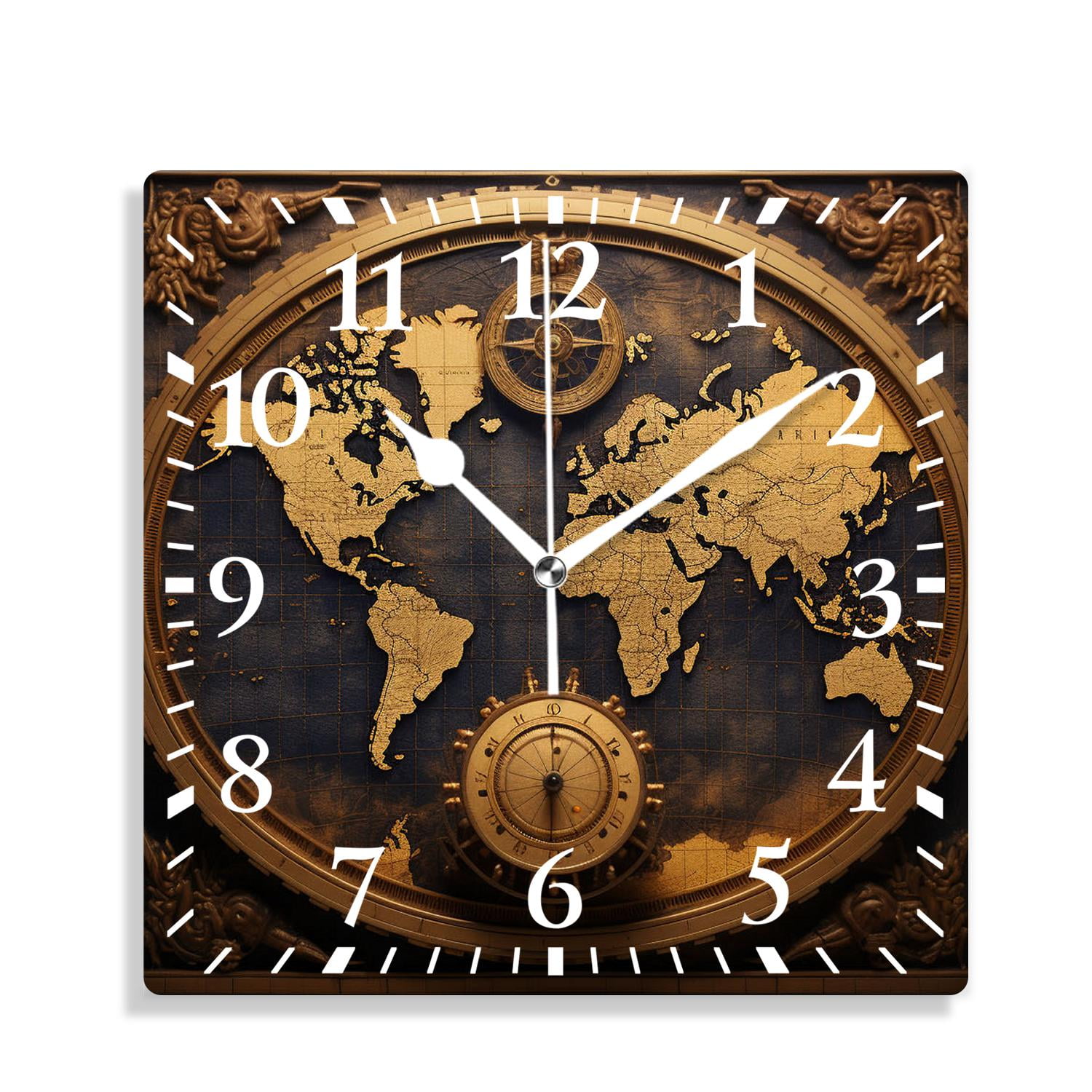 14 Inch Wall Clock Battery Operated Silent Clock Decorative for Office, Kitchen, Outdoor, Living Room，World Map Illustration