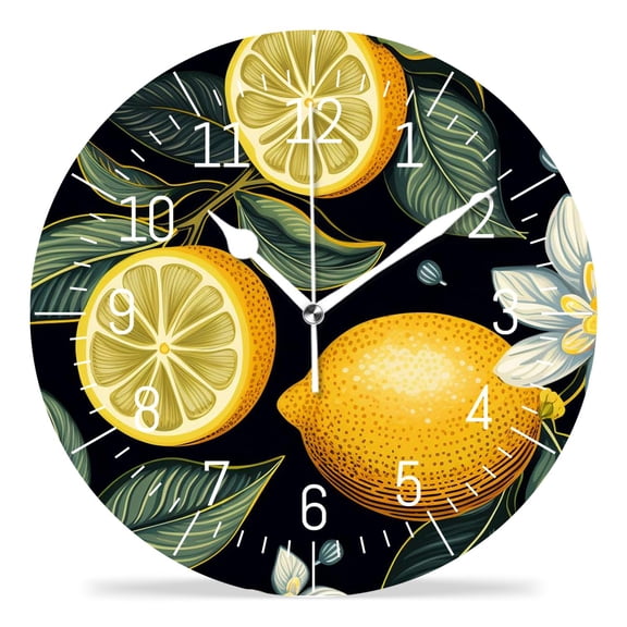 14 Inch Wall Clock Battery Operated Silent Clock Decorative for Office, Kitchen, Outdoor, Living RoomYellow Lemon White Lemon Blossom Pattern
