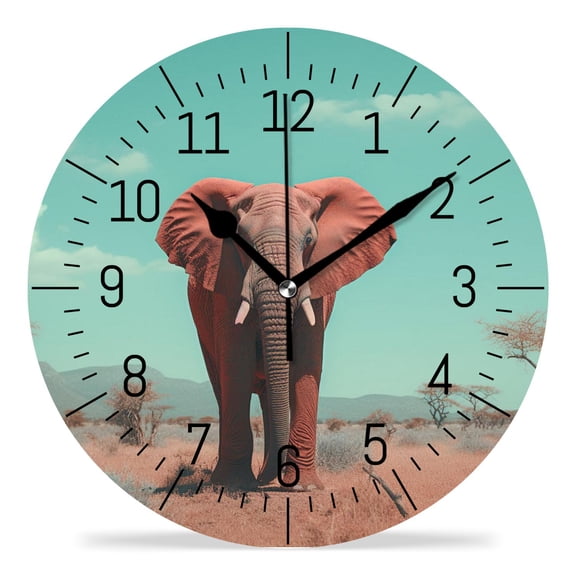 14 Inch Wall Clock Battery Operated Silent Clock Decorative for Office, Kitchen, Outdoor, Living RoomAfrican Elephant Mountain Landscape Nature Print