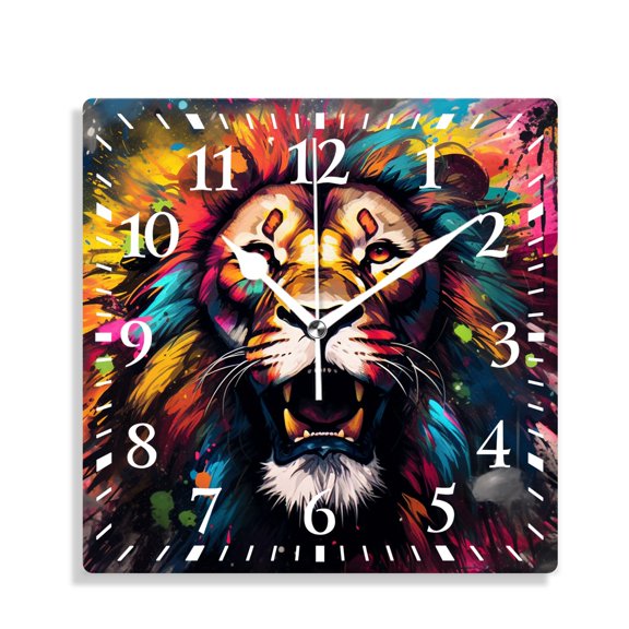 14 Inch Wall Clock Battery Operated Silent Clock Decorative for Office, Kitchen, Outdoor, Living RoomAn Image with a Lion Face Made with Watercolors Design