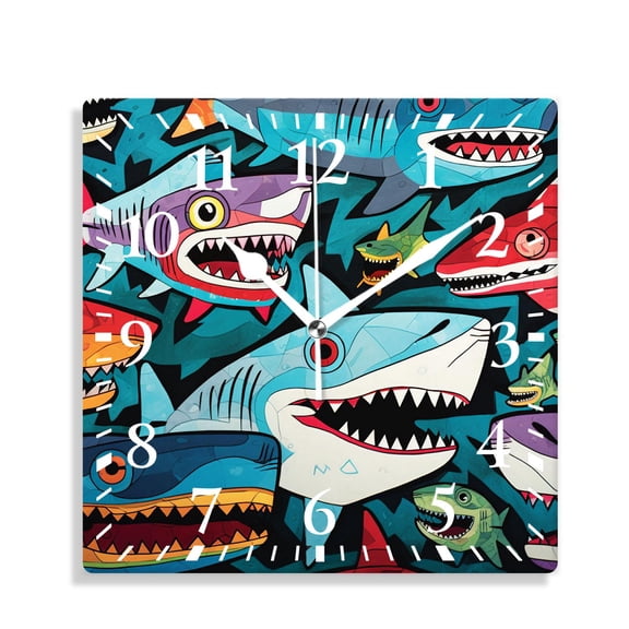 14 Inch Wall Clock Battery Operated Silent Clock Decorative for Office, Kitchen, Outdoor, Living RoomAngry Shark Sea Life Hand Drawn Beautiful Drawing