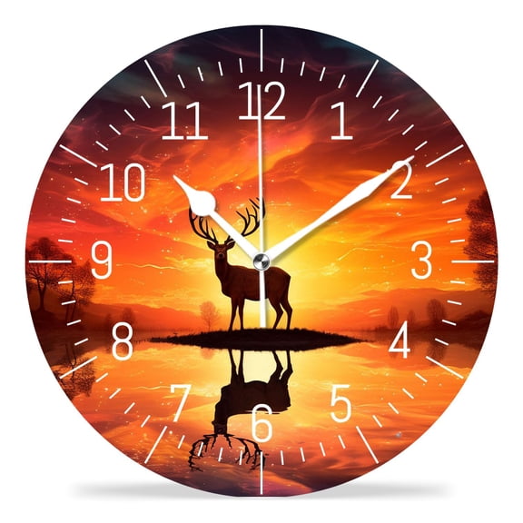 14 Inch Wall Clock Battery Operated Silent Clock Decorative for Office, Kitchen, Outdoor, Living RoomAntlers Hugging Sunset Silhouette Beautiful Drawing