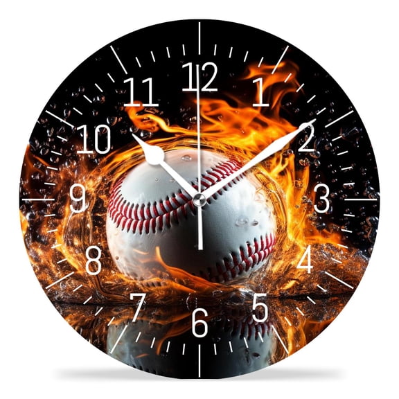14 Inch Wall Clock Battery Operated Silent Clock Decorative for Office, Kitchen, Outdoor, Living RoomBaseball in Fire Flames And Splashing Water Beautiful