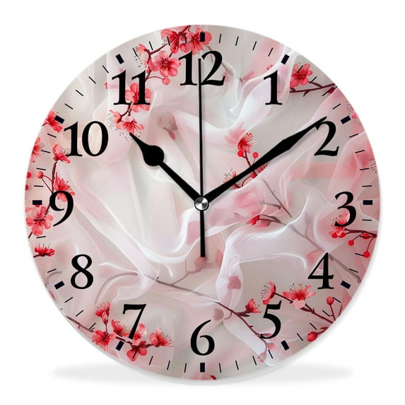 14 Inch Wall Clock Battery Operated Silent Clock Decorative for Office, Kitchen, Outdoor, Living Room,Beautiful Cherry Blossom Flower Branch Pattern Watercolor Graceful
