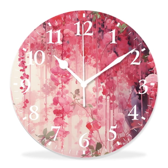 14 Inch Wall Clock Battery Operated Silent Clock Decorative for Office, Kitchen, Outdoor, Living RoomBeautiful Wisteria Flower Traditional Oriental ink Painting Flowers Floral Print Picture
