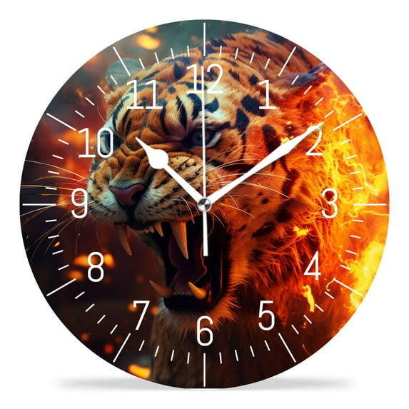14 Inch Wall Clock Battery Operated Silent Clock Decorative for Office, Kitchen, Outdoor, Living Room,Big Fire Tiger Walking And Roaring on Black Beautiful Drawing