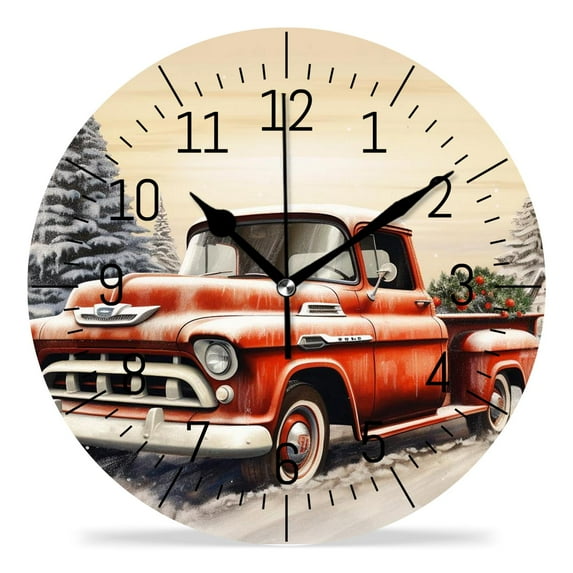 14 Inch Wall Clock Battery Operated Silent Clock Decorative for Office, Kitchen, Outdoor, Living Room,Blue Wooden Christmas Truck Poinsettia Elegant Pattern