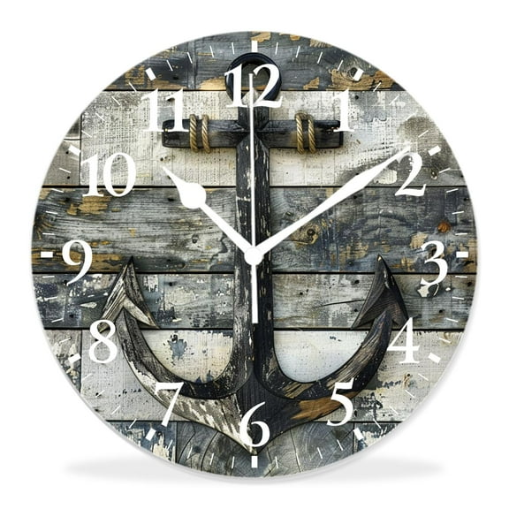 14 Inch Wall Clock Battery Operated Silent Clock Decorative for Office, Kitchen, Outdoor, Living Room，Brown and White Hand Boating Sketch Rustic Wooden Beautiful