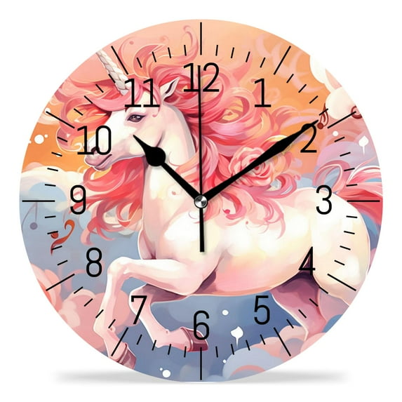 14 Inch Wall Clock Battery Operated Silent Clock Decorative for Office, Kitchen, Outdoor, Living Room，Cartoon Unicorn Pink Music Notes Cloud Multicolor