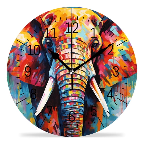 14 Inch Wall Clock Battery Operated Silent Clock Decorative for Office, Kitchen, Outdoor, Living Room，Colorful Elephant Black Watercolor Oil Painting Style