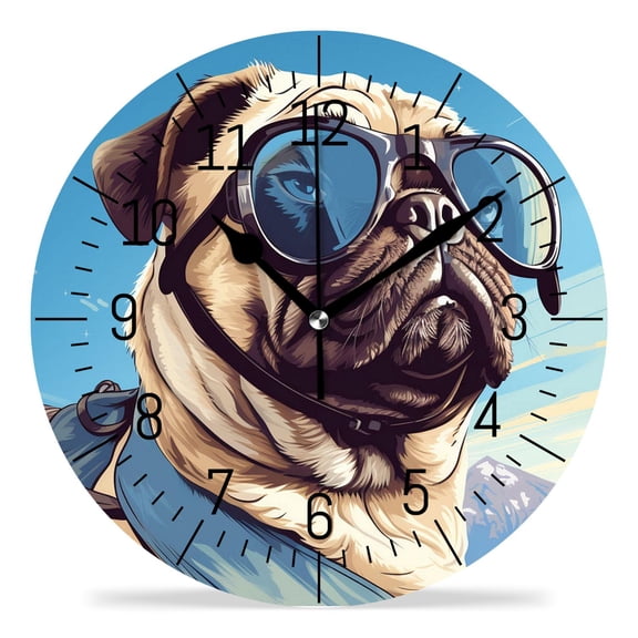 14 Inch Wall Clock Battery Operated Silent Clock Decorative for Office, Kitchen, Outdoor, Living RoomCute Cartoon Pug Dog with Backpack Blue Painting