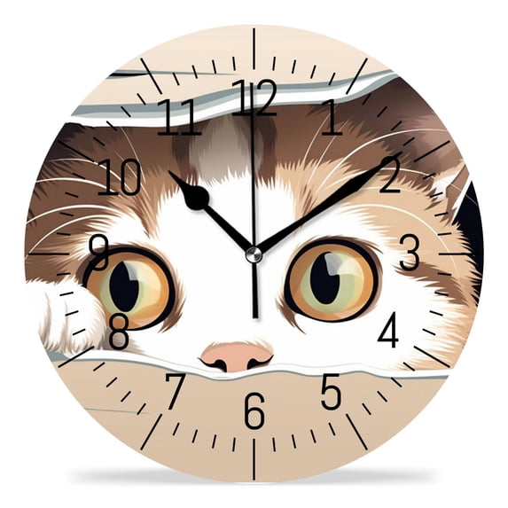 14 Inch Wall Clock Battery Operated Silent Clock Decorative for Office, Kitchen, Outdoor, Living Room,Cute Cat Peeking Through Window Beautiful Design