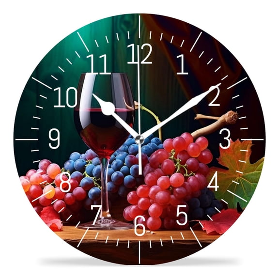 14 Inch Wall Clock Battery Operated Silent Clock Decorative for Office, Kitchen, Outdoor, Living RoomDelicious Red Wine with Grape on Wooden Table Cute Drawing