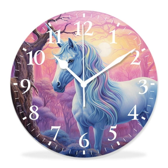 14 Inch Wall Clock Battery Operated Silent Clock Decorative for Office, Kitchen, Outdoor, Living RoomFantasy Unicorn Lady Walking on Rainbow with Star Cloud Pattern
