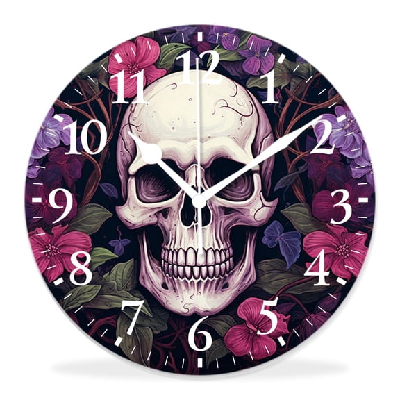 14 Inch Wall Clock Battery Operated Silent Clock Decorative for Office, Kitchen, Outdoor, Living Room，Floral Print Day of The Dead Skull Boho Chic Exquisite
