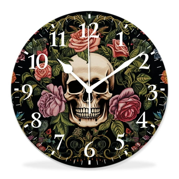 14 Inch Wall Clock Battery Operated Silent Clock Decorative for Office, Kitchen, Outdoor, Living RoomFloral Print Day of The Dead Skull Gothic Multicolor