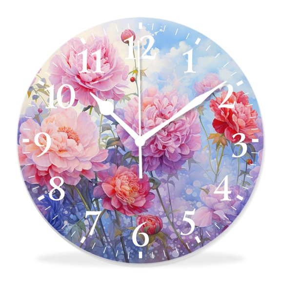 14 Inch Wall Clock Battery Operated Silent Clock Decorative for Office, Kitchen, Outdoor, Living RoomFlower Paint of Nature Elements Botanic Floral Motives Isan Art