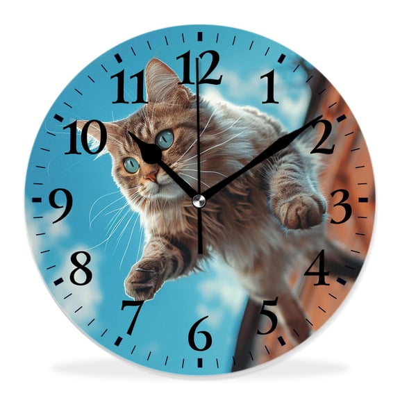 14 Inch Wall Clock Battery Operated Silent Clock Decorative for Office, Kitchen, Outdoor, Living RoomFunny Fat Cat Flying in White Clouds Blue Sky Amazing