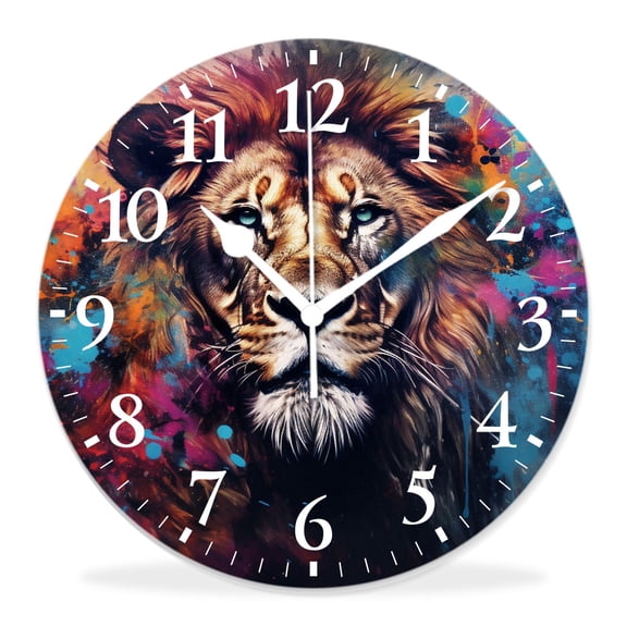 14 Inch Wall Clock Battery Operated Silent Clock Decorative for Office, Kitchen, Outdoor, Living RoomGalaxy Lion Animal in Colorful Nebula Outer Space Universe Print
